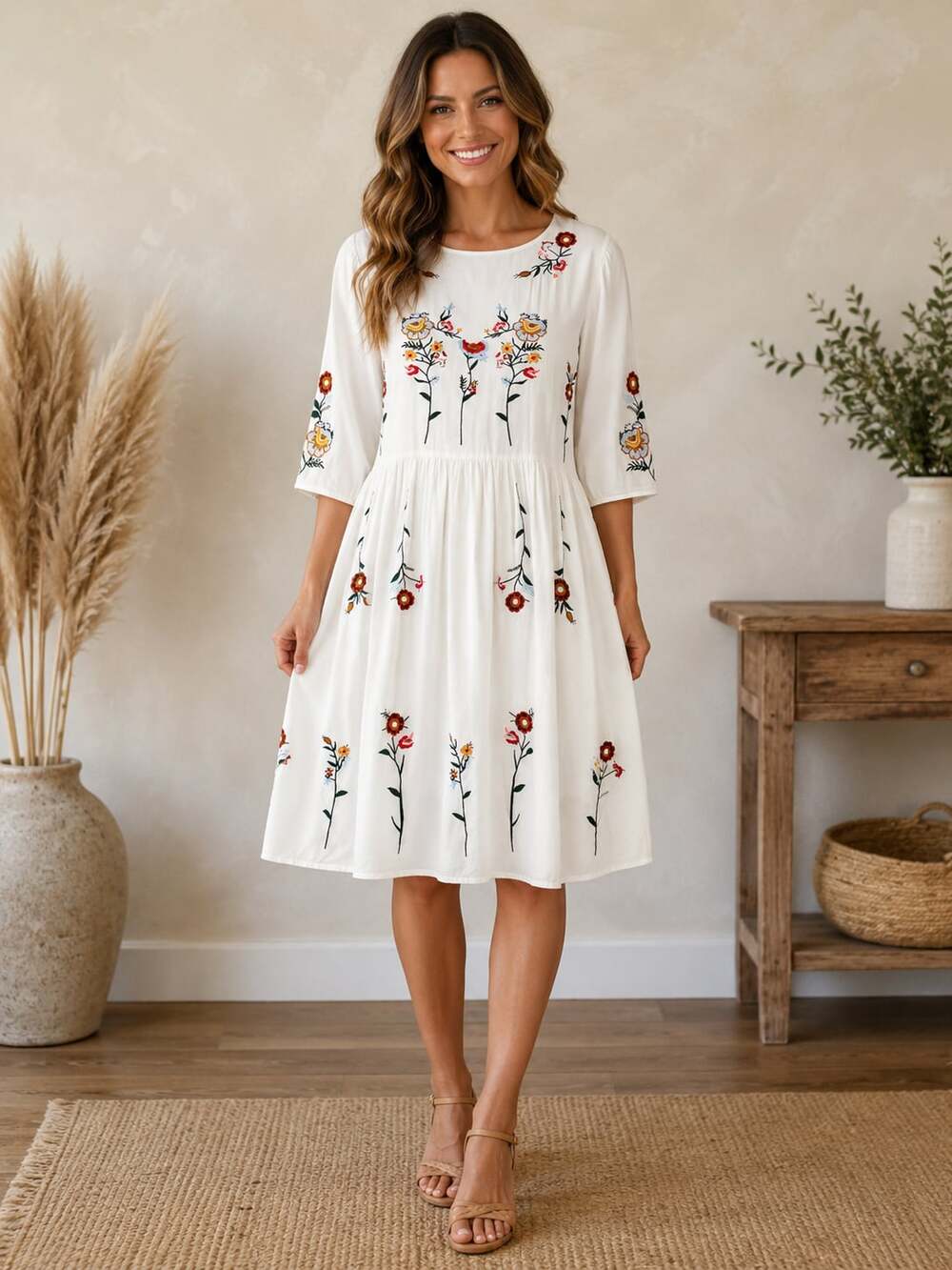 Brass & Roe by CTS White Floral Embroidered Boho Smock Dress XL Lined